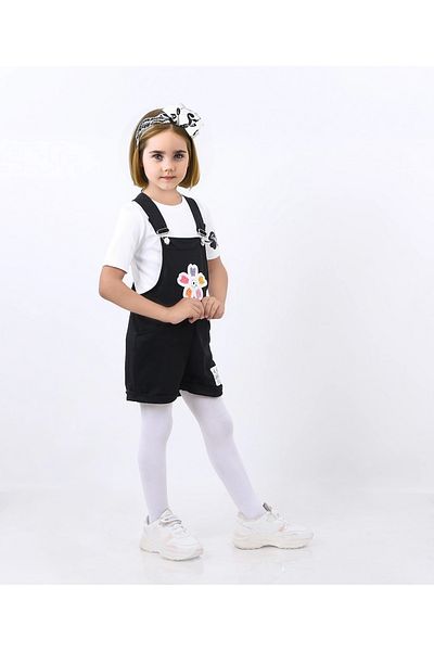 Kamex Daisy Embroidered Black Short Sleeve T-Shirt Salopet for Girl