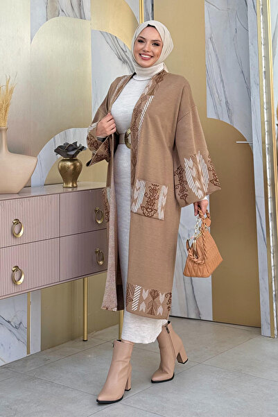 Bym Fashion Mink Color Ethnic Patterned Pocketed Knitwear Cardigan 12003