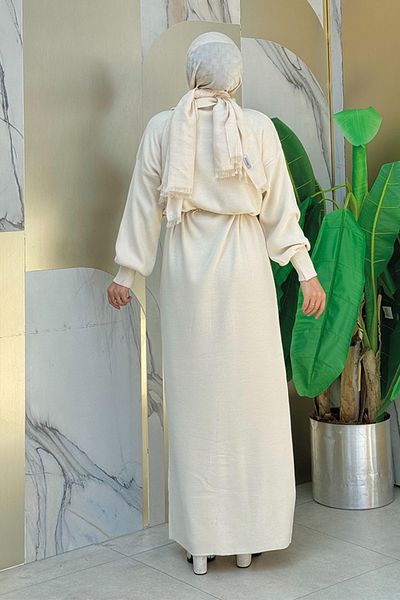 Bym Fashion Μακρύ πλεκτό φόρεμα - γιακά με φερμουάρ και λεπτομέρεια πέτρας 2-1555 Stone