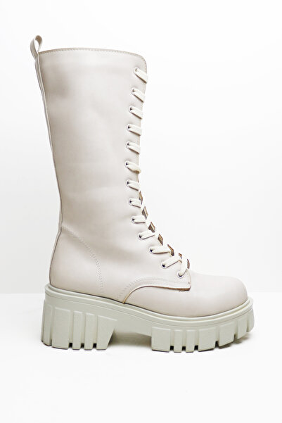 inroen Bağcıklı Kalın Taban Diz Altı Kalın Topuklu Kadın Postal Bej