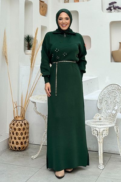 Bym Fashion Emerald Long Knitwear Dress - Πέτο με φερμουάρ, Λεπτομέρεια από πέτρα 2-1555