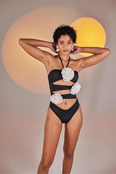 HOLLY LOLLY Removable Floral Detailed Cutout Cut Premium Swagger Swimsuit Black