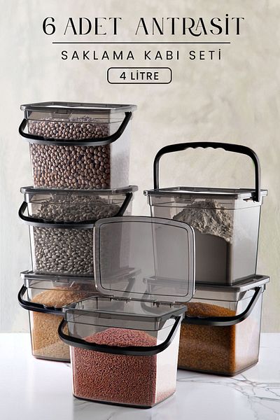 Kitchen Life 4 Liter Mega Size 6-Piece Flour Pulses Container - With Handle and Detergent Storage Set 6 Pieces