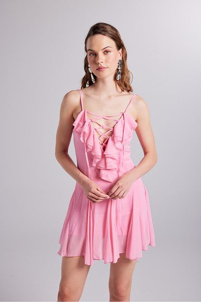 HOLLY LOLLY Ruffle Detailed Chiffon Mini Sorento Dress Pink