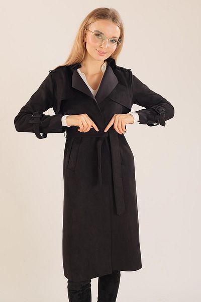 Rays 7275A Model - Black Suede Trench Coat with Waist Ties