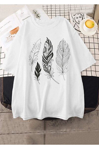 Clothify تي شيرت كبير الحجم بنمط الريش 100% قطن كبير الحجم