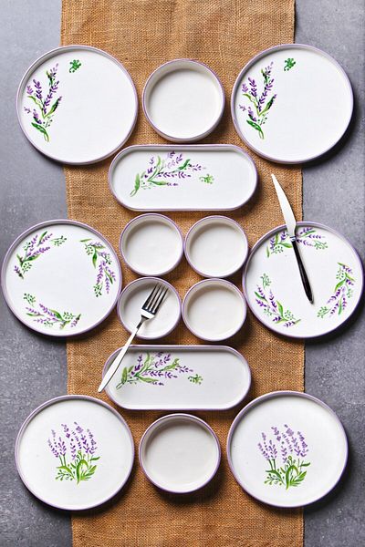 Kitchen Life 14 Piece Stackable Lavender Breakfast Set for 6 People - Luxury Breakfast Presentation Set Plate