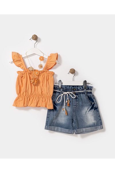 Minipodyum Girl's Two Pieces Set - Blouse and Denim Shorts, 4-7 Years, Drawstring Waist and Elastic