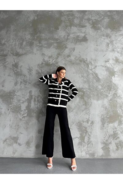 ZF BUTİK Arany gombos csíkos részletes dupla kötöttáru szett