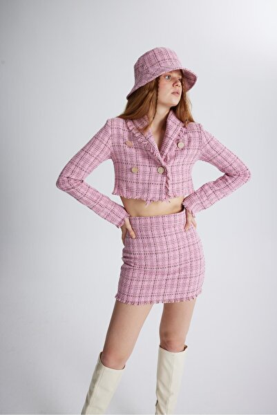 HOLLY LOLLY Tweed Fabric Crop Tweed Jacket Pink
