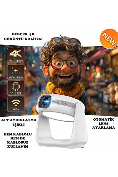 TECHNOMEN Taşınabilir Sinema Projektörü 4K Şarjlı Bluetooth Android Akıllı Hoparlörlü Işıklı Gerçek 4K