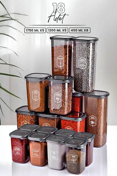 Kitchen Life Modernity Square Food Storage Container Set of 18 with Labels (1750ml x5-1200ml x5-450ml x8) Spice Bowl