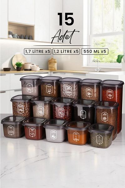 NESS HOME 15-Piece Square Labeled Square Food Storage Container Set x5 (550ml-1200ml-1750ml) Jar with Hard Lid