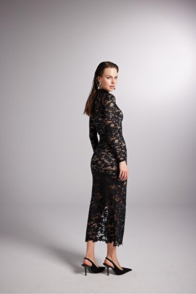 HOLLY LOLLY Balıkçı Yaka Ten Rengi Astarlı Uzun Kol Dantel Naomi Elbise Siyah