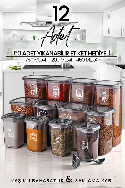 Kitchen Life 12-Piece Labeled Square Food Storage Container and Spice Jar Set with Spoon (1750ML 1200ML 400 ML)