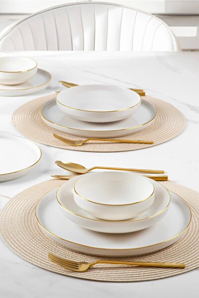 Kitchen Life 18 Parça 6 Kişilik Stackable Altın Kenarlı Bone Porselen Yemek T...