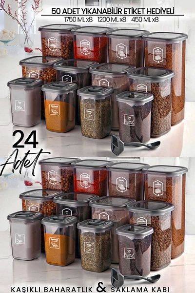 NESS HOME 24-Piece Labeled Square Food Storage Container and Spice Bowl Set with Spoon - (1750ML 1200ML 400 ML)
