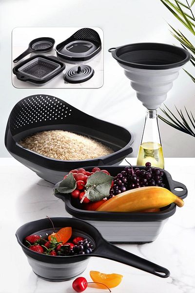 NESS HOME 4-Piece Accordion Folding Strainer Set - Kitchen Dowry Set (Grey Funnel, Accordion Handle Rice Strainer)