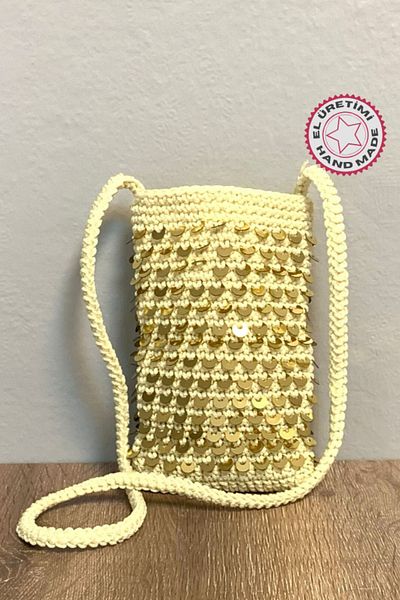 Uretti Rukiye 7294 - Geantă portofel din frânghie macrame cu paiete de 19 cm - crem