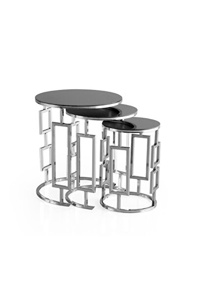 Evistro Yuvarlak Cam Zigon Sehpa 3 Lü Krom Kaplama Füme Cam