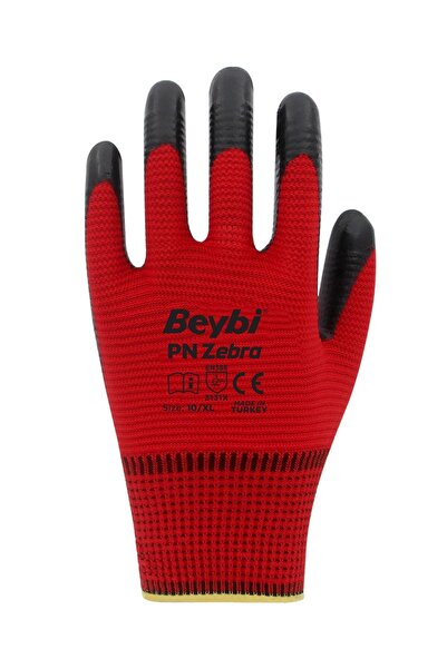 Beybi Pn Zebra Polyester Knitted Nitrile Gloves-Red-No:10 - 1 Pair