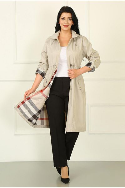 By Alba Collection Women's Stone Color Long Plaid Detail Large Size Trench Coat