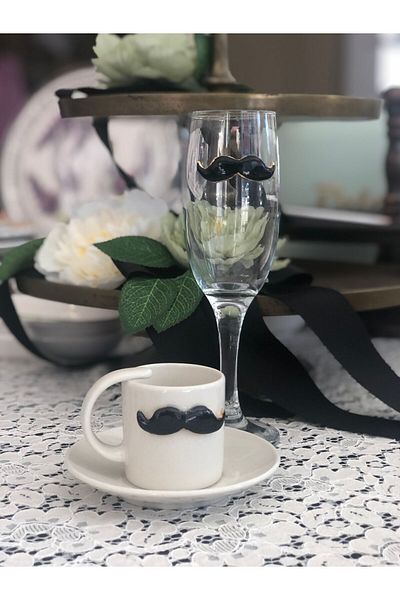 Refia co Turkish Coffee Cup with Mustache and Water Glass / Groom Cup