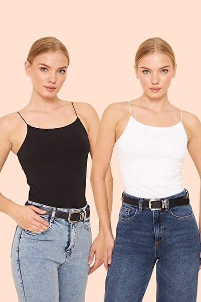 MEGOMEL Bluză tricotată 2 bucăți cu bretele alb-negru pentru femei 2 buc