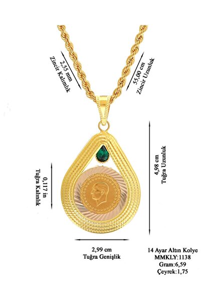 MOOM MÜCEVHERAT Kadın 14 Ayar Altın Çeyrek Altın Çerçeveli Halat Zincirle Birlikte