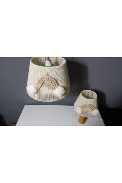 poplinhome Ekru Makrome Avize Abajur Set Ahşap Boncuklu Bebek Çocuk Odası E27 Uyumlu