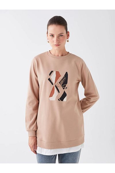 LC Waikiki Lcwaikiki Light Brown Crew Neck Printed Women's Tunic Sweatshirt - Long Sleeve