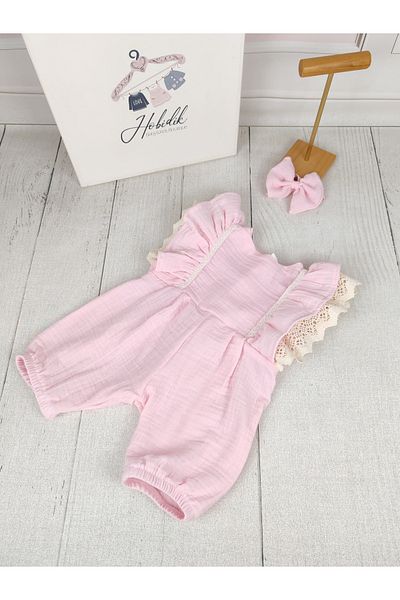 Hobidik Light Pink Cream Lace Muslin Baby Balloon Shorts Jumpsuit - Double Layer