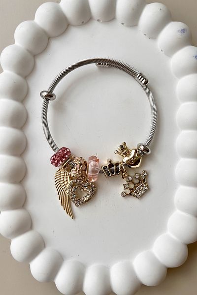 Fubena 8041 Model Feather and Crown Dangle Steel Bracelet