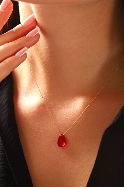 MOOM MÜCEVHERAT 14 Ayar Altın Kolye Yakut Rengi Doğal Kırmızı Taş Altın Zinci...