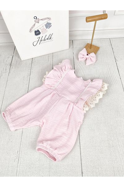 Hobidik Light Pink Cream Lace Muslin Baby Balloon Shorts Jumpsuit - Double Layer