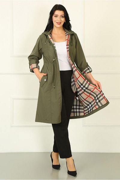 By Alba Collection Γυναικεία καμπαρντίνα Χακί Μακριά Καρό Λεπτομέρεια Plus Size