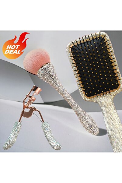 EDA LUXURY BEAUTY 3'lü Özel Lüks Makyaj Seti 3d Taşlı Büyük Yüz & Saç Fırçası Kirpik Güzellik Bakım Hediye Seti