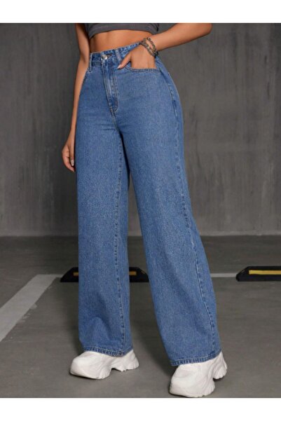 VivaJoy Modadeniz المرأة - الأزرق المتوسط سوبر عالية الخصر فضفاض الساق الجينز...