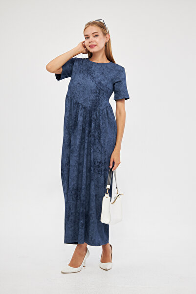 ESPİNA Kadın Asit Yıkama Efektli Cupra Kısa Kollu Büzgülü Örme Maxi Elbise