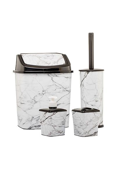 okacih Bathroom Set Trash Can WC Toilet Brush Liquid Soap Dispenser Tooth Brush Holder Set of 3 White Marble Patterned