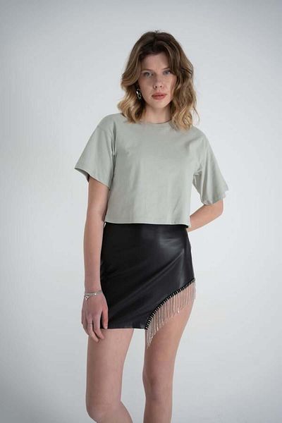 HOLLY LOLLY Short Sleeve Crew Neck Basic Viole Tshirt Khaki