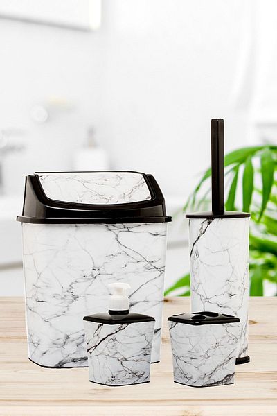 okacih Bathroom Set Trash Can WC Toilet Brush Liquid Soap Dispenser Tooth Brush Holder Set of 3 White Marble Patterned