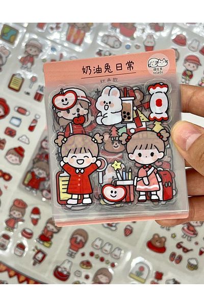 Kağıt Gemi Dükkan Cute Girl And Friends Red Transparent Pet 20 Sheets Sticker Set / Decal / Bullet Journal