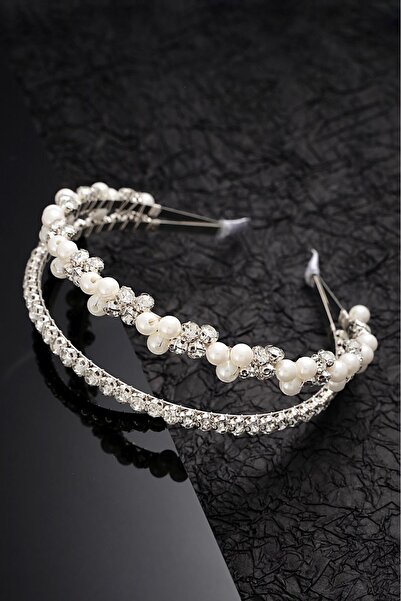 modernist Çift Sıra Zirkon Taşlı Özel Gün Gelin Tacı