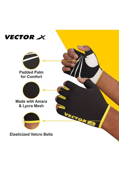 Vector قفازات X Fitness للجنسين (أسود، متوسط) من النايلون لرفع الأثقال والتمارين الرياضية، قفازات بدون أصابع