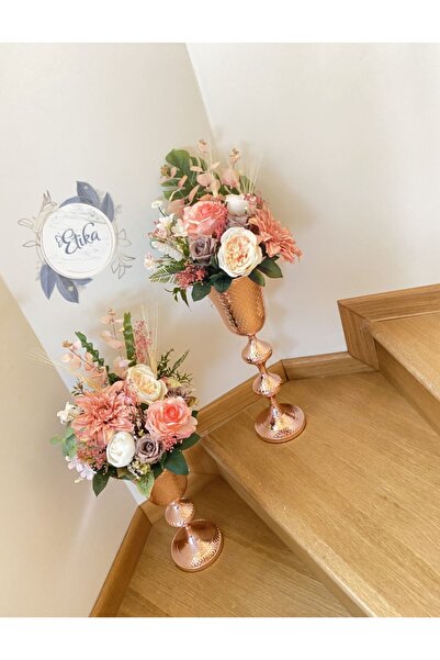 Etika Wedding Rose Gold - Pembe Uzun Çiçekli Vazo Ikili Set