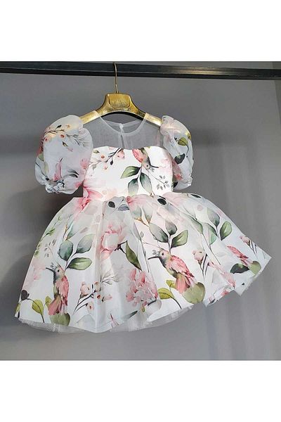 SCSTİL GREEN LEAF AND BIRD PRINTED CHILDREN'S DRESS