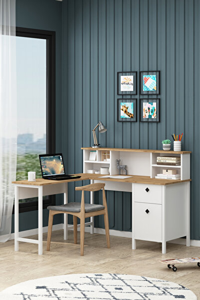 Avmpark Remy L Köşe Sepet Beyaz Raflı Bilgisayar Ofis Masası Çalışma Masası