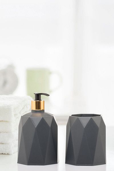 okacih Set of 2 Liquid Soap Dispenser Toothbrush Holder Bathroom Soap Dispenser (Anthracite Gray Color)