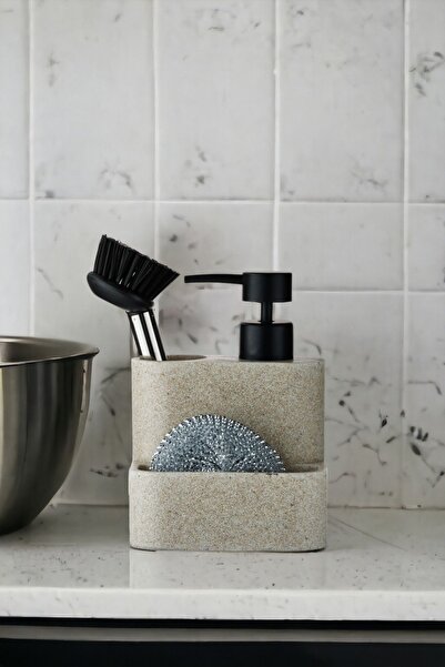 okacih Polyresin Fırçalı Süngerli Tezgah Üstü Sıvı Sabunluk Mutfak Banyo Deterjanlık